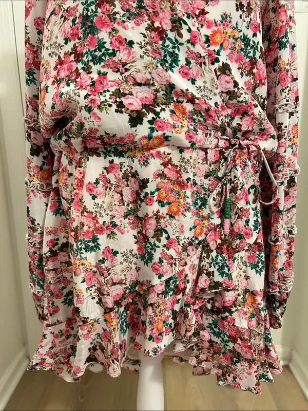 Rococo Sand Vie Floral Ruffle Mini Dress New Size Large Beaded Tie Resortwear - Image 6