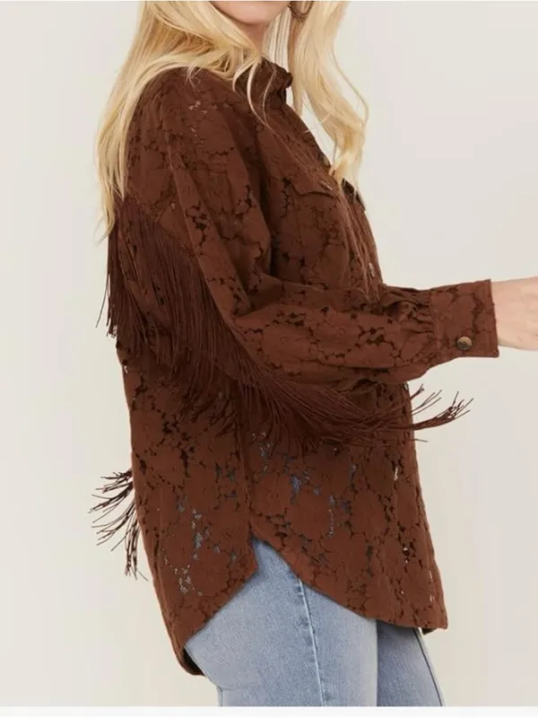Shyanne Western Brown Lace-Overlay Frnge Shirt Jacket Size Large A1 - Image 3