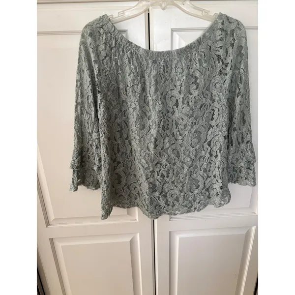 Belle France Sage Green Lace‎ Blouse Made in Italy Tiered Bell Sleeve Top Medium - Image 5