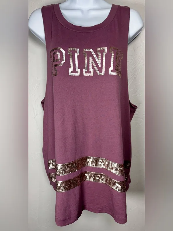 Victoria's Secret PINK Bling Sequin Muscle Tank Rose Begonia Mauve Size Large - Image 3