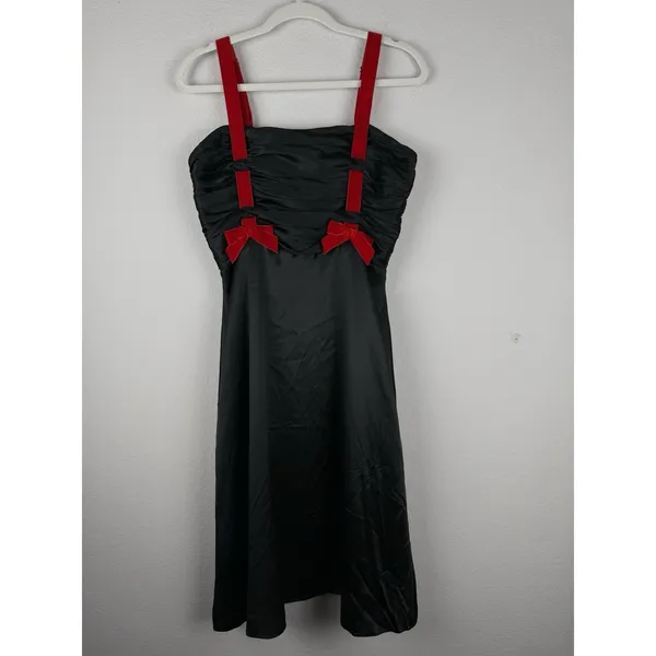 Betsey Johnson NY Vintage 90s Y2K Black Silk Red Velvet Bow Dress Gown Goth Punk - Image 4