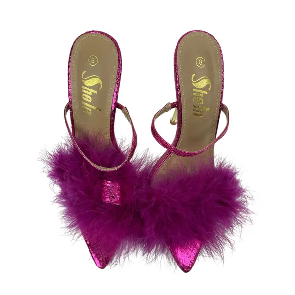 SheIn Women's Purple Fuzzy Fur Pointed Toe Slip On Gold Stiletto Heels Sandals 8 - Image 2