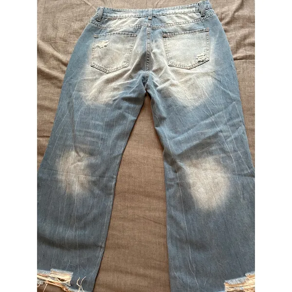 Melarey Blue Distressed Wide Leg Jeans Light Wash Frayed Hem Size L - Image 15
