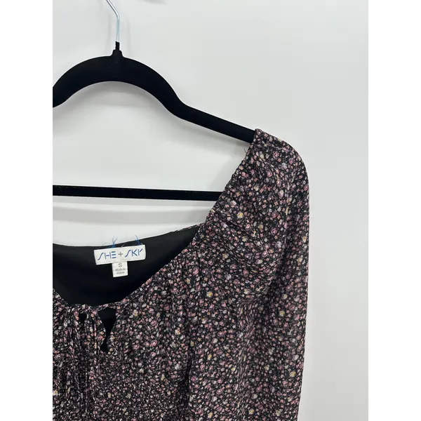 She +‎ Sky Womens Floral Smocked Peasant Crop Top Sz S Boho Cottagecore Festival - Image 5