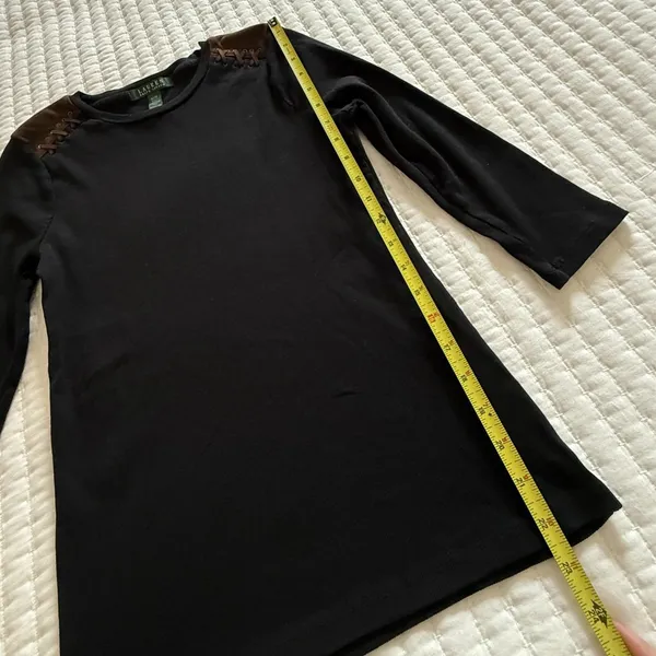 LAUREN Ralph Lauren 3/4 Sleeve Ribbed T Shirt Medium M Black Brown Patches - Image 3