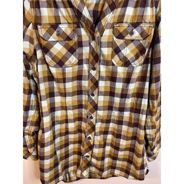Duluth Trading Co Top W Med Yellow Flannel Plaid Tunic Button Front Fall Autumn - Image 4