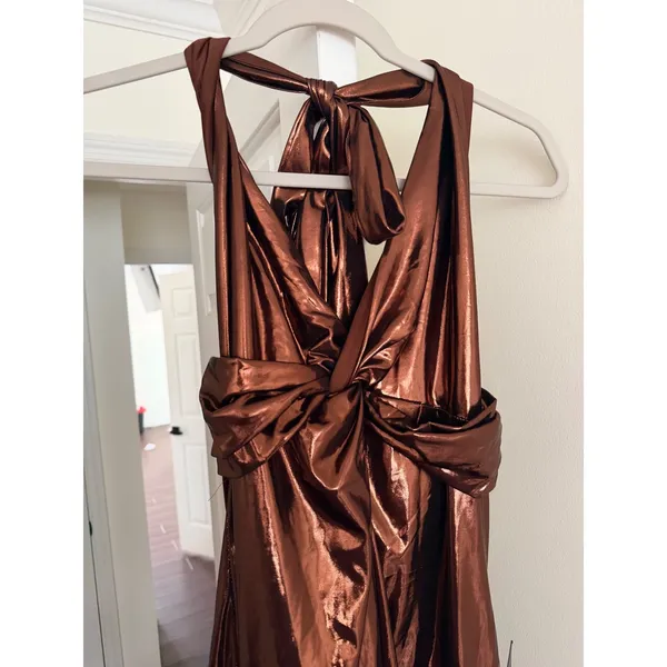 Lulus Lionette Dark Bronze Metallic Twist-Front Halter Midi Dress Size M - Image 4