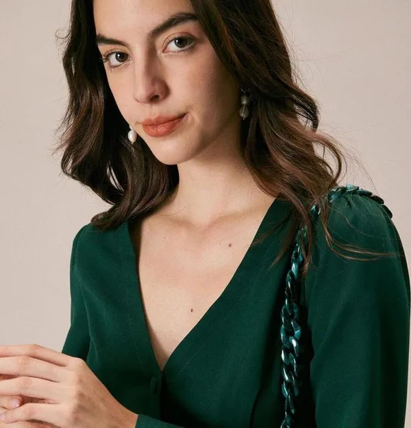 RIHOAS The Green V Neck Button Shirt Mini Dress S - Image 3