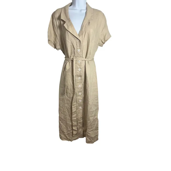 Quince 100% European Linen Button Front Belted Midi Shirt Dress Sand Beige L - Image 4