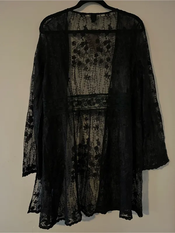 NWT Black Floral Lace Sheer Kimono Duster Cardigan Large Open Front Romantic - Image 5