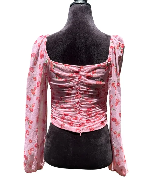 Fore Pink‎ Floral Mesh Ruched Bustier Crop Top Long Sleeve Square Neck Size L - Image 8