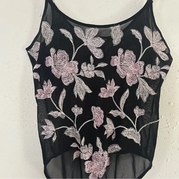 Express Black Sheer Bodysuit Pink Floral Embroidery Party Medium Going Out - Image 4