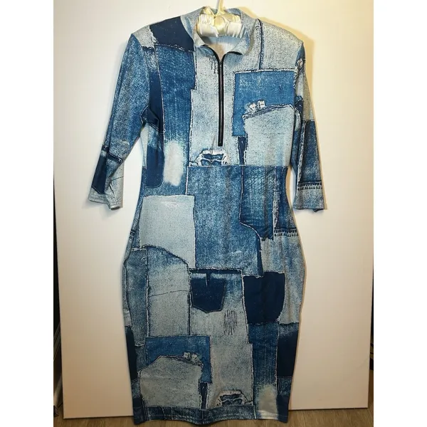 Women’s 2XL Blue Denim Patchwork Print Quarter Zip Midi Dress 3/4 Sleeves Casual - Image 2