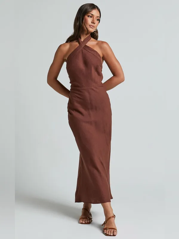 SHOWPO Maelynn Linen Twist Halter Neck Low Back Slip Dress In Chocolate - Image 8