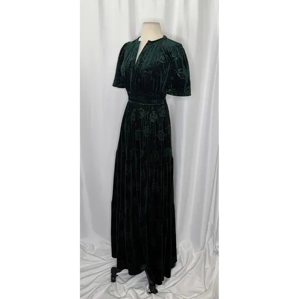 BALTIC BORN Green Velvet Artemis Maxi Dress Tonal Floral Smocked Flutter Small - Image 4