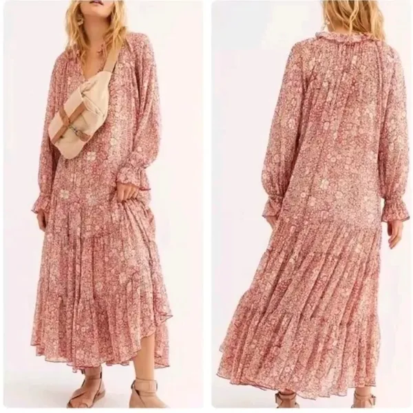 Free People Feeling Groovy Red Floral Boho Long Sleeve Maxi Dress NWT - Image 2