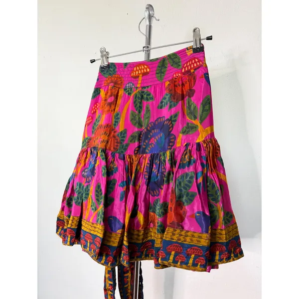 Farm Rio Mini Skirt Pink Tropical Bird Mushroom Print Wrap Tie Tiered Ruffle M - Image 4