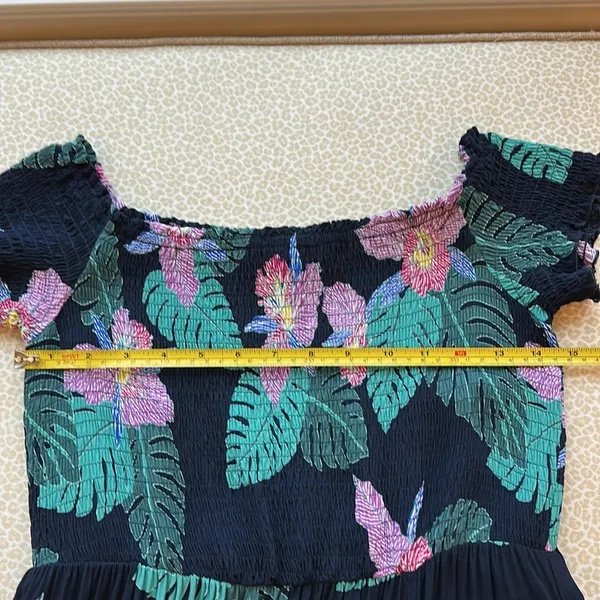Lulus Smocked Navy Pink Green Floral Tropical Maxi Dress with Pockets size M - Image 9