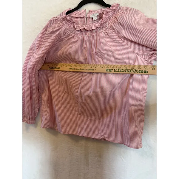 J.Crew Pink White Striped Smocked Ruffle Neck Blouse Women Large Balloon Sleeve - Image 4