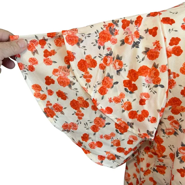 Floral Top XL Cream Orange Short Sleeve Flutter Soft Silk Coquette Feminine Boho - Image 4