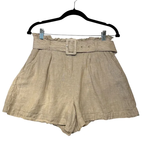 Vineyard Vines Khaki‎ Belted Lined Linen Paperbag Waist Shorts Quiet Luxury 4 - Image 2