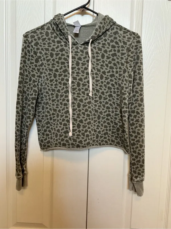 Athleta Cropped Olive Green Leopard-Print Hoodie - Image 2