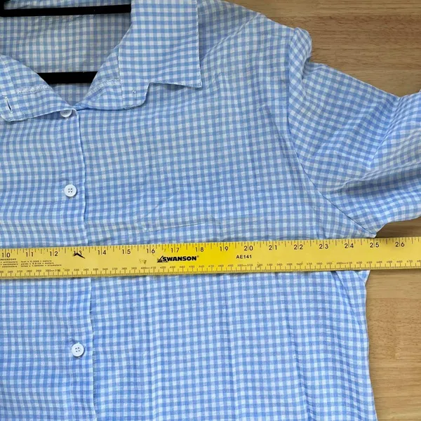 100% Linen Lightweight Button Up Blouse Shirt Blue White Gingham Plaid XXL - Image 5