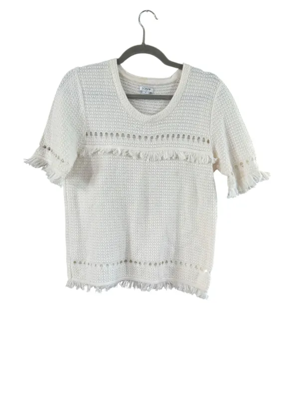 Women's J.Crew White Crew Neck Fringe Knit Sweater Size M - Image 8