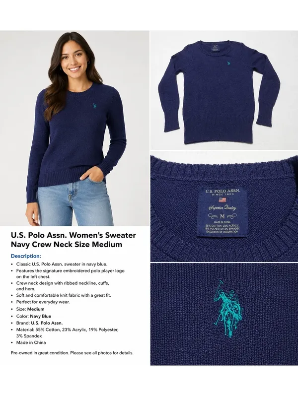 U.S. Polo Assn. Women’s Sweater Size M Navy Blue Crewneck Embroidered Logo - Image 2