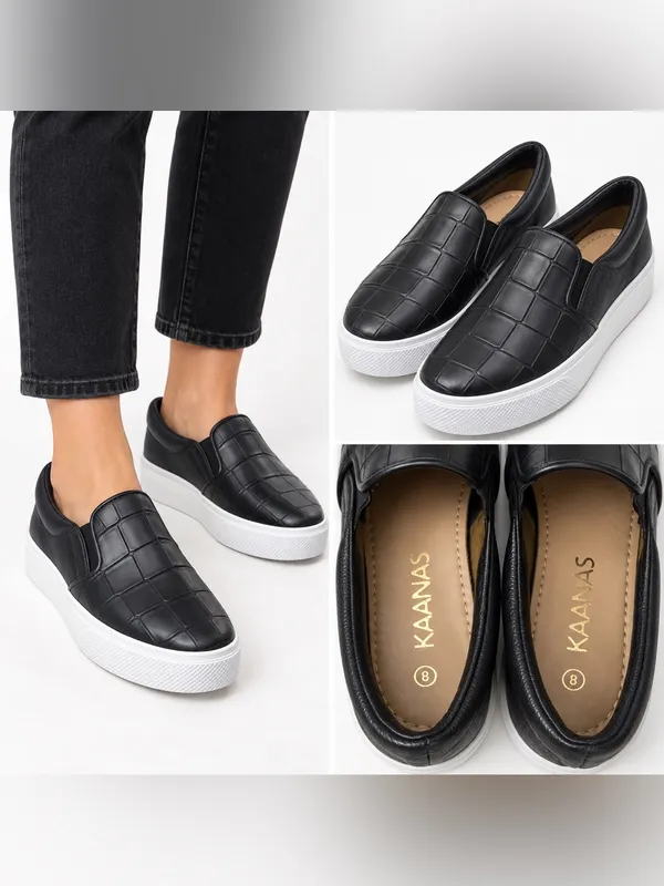 KAANAS Black Croc Embossed Leather Slip On Platform Sneakers Size 8 - Image 2