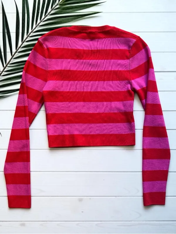 Zara Knit Cropped Sweater Pink Red Stripe Long Sleeve Top Medium - Image 3