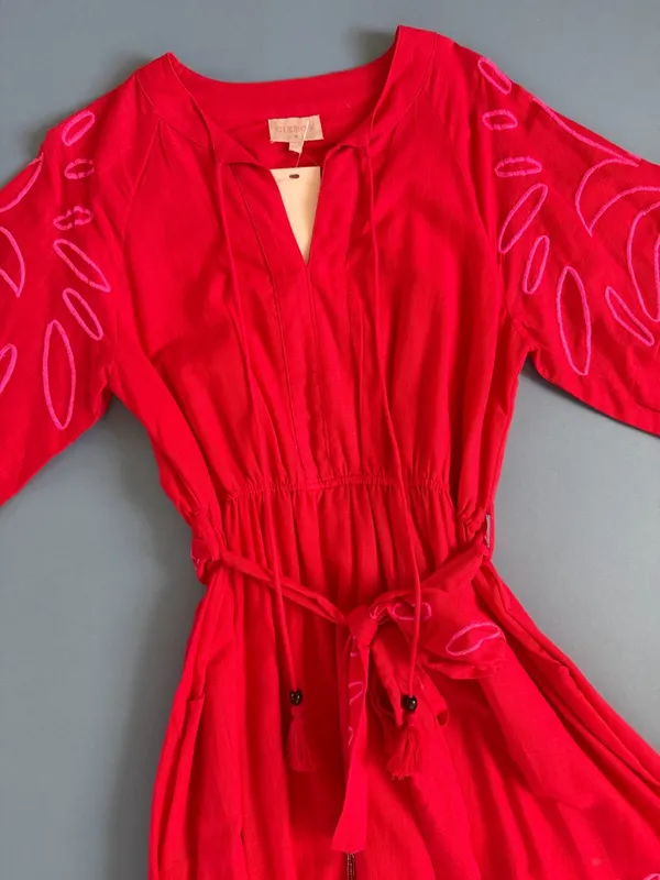 NWT Ciebon Eliza Embroidered Red Gauze Cotton A-Line Tropical Boho‎ Midi Dress - Image 5