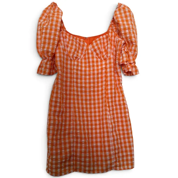 Orange Gingham Puff Sleeve Bustier Bodycon Mini Dress Sweetheart Neck Large - Image 3