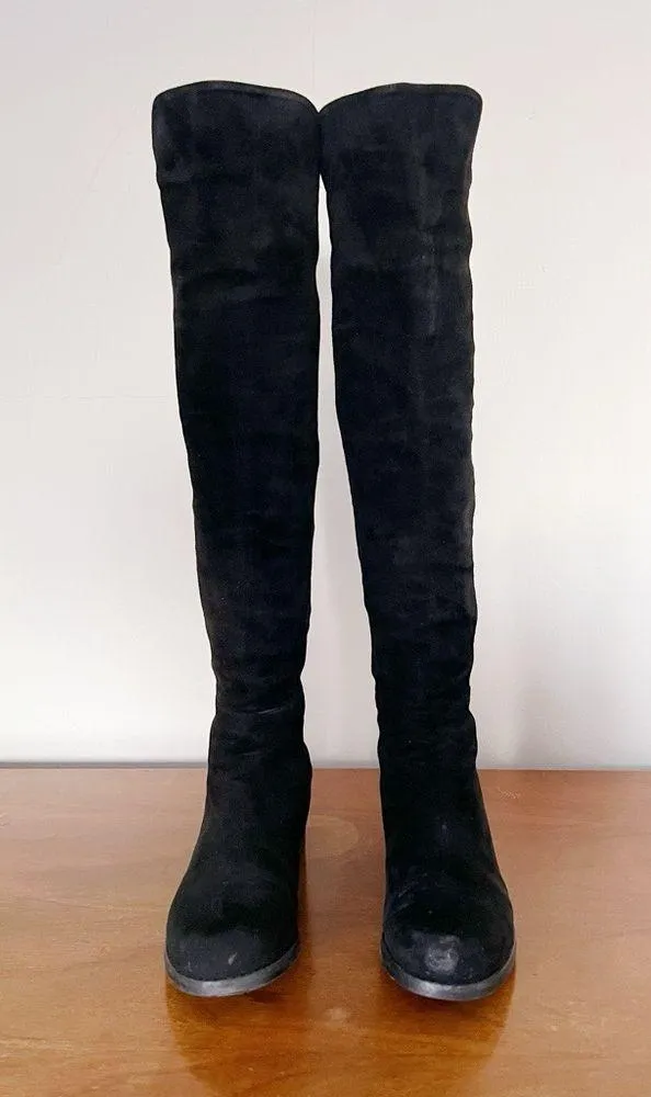 Stuart Weitzman • 5050 Stretch Suede Boots black tall low heel knee high otk - Image 5