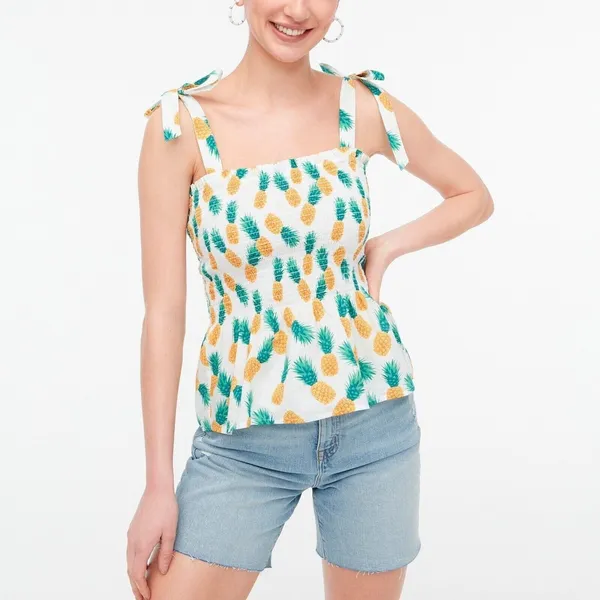 J.Crew Factory S Pineapple Smocked Tie Shoulder Peplum Tank Top White - Image 3