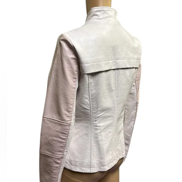 Guess Pink White Faux Leather Moto Jacket Gold Exposed Zipper Womens Small - Image 8