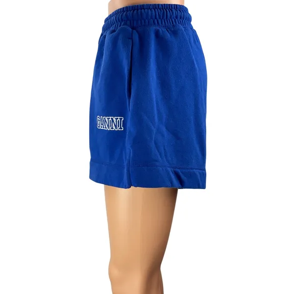 Ganni Women's Blue High Rise Drawstring Fleece Lounge Wide Sweat Shorts Size S - Image 2