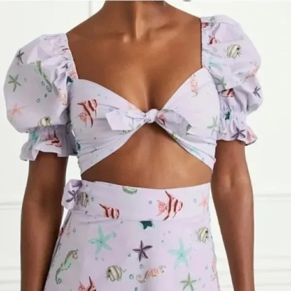 Hill House Isabella Puff Sleeve Crop Top w/Front Tie & Smocking - Sea Creatures - Image 2