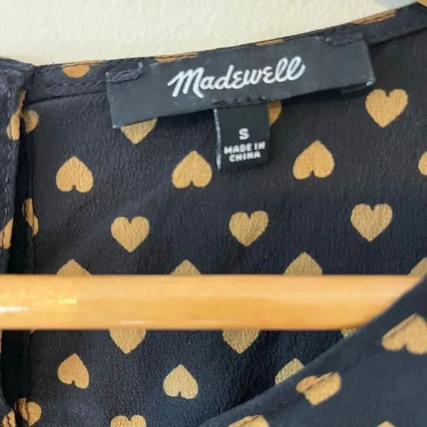 MADEWELL Silk Tiered Button-Back Top Heart Flip Black Gold 3/4 Sleeve Blouse siz - Image 10