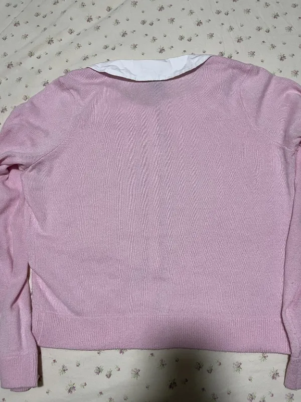 Hot Topic Cardigan Knit Sweater Pink White Peter Pan Collar Heart Buttons Medium - Image 4