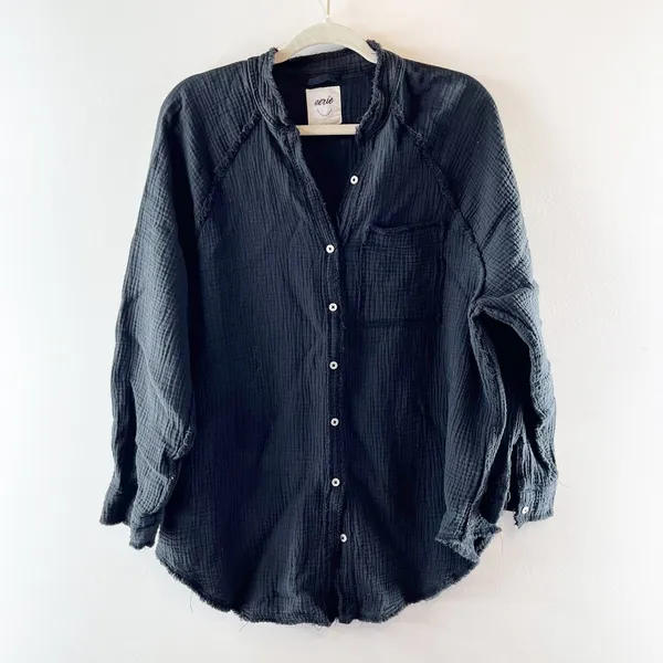 Aerie Pool To Party Long Sleeve Gauzy Tunic Button Down Shirt Black XS - Image 3