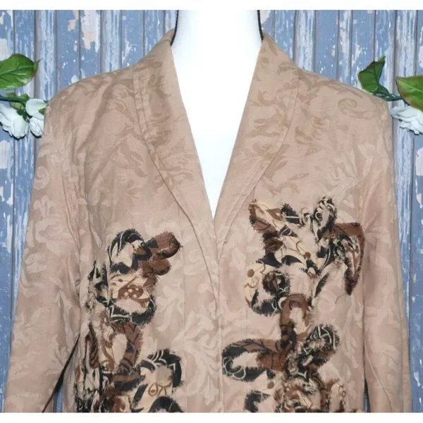 Marisol Ladies Brown Suede Long Sleeve Jacket Size L Floral Open Front Patchwork - Image 2