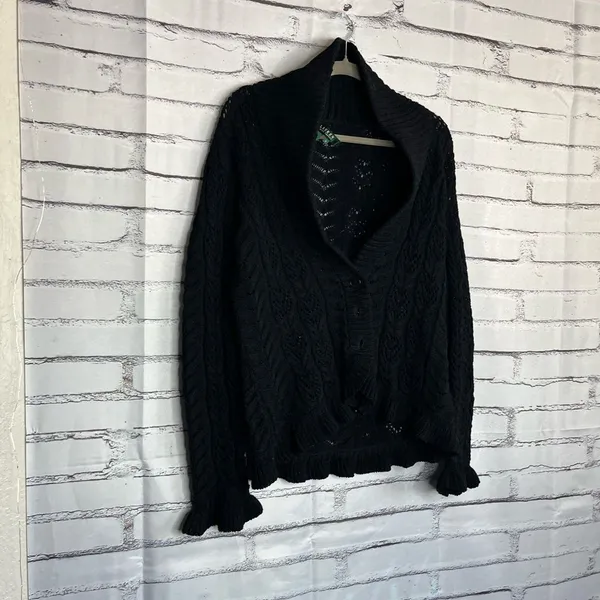 Vintage Lauren Ralph Lauren Black Cotton Puff-Sleeve Button Front Cardigan M Y2K - Image 2