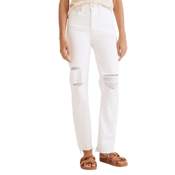 Madewell perfect vintage straight stretch jeans tile white ripped knee 25 - Image 3