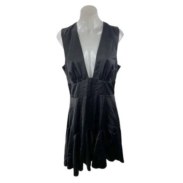 Abercrombie & Fitch Black Silk Satin Plunge Sleeveless Fit & Flare Mini Dress L - Image 2