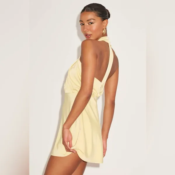 LULU’S Sleek Essence Light Yellow Satin Halter Sleeveless Mini Dress - Image 6
