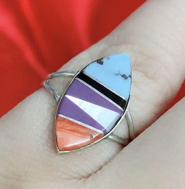 Southwest Sterling Silver Multi Stone Inlay Ring Sz 6-6.5 Signed P - Image 2