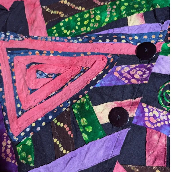 Vtg 1990s Keren Hart Black Colorful Geometric Applique Cotton Button Up Shirt XL - Image 3