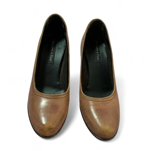 Mercante‎ di Fiori Brown Leather Block Heel Pumps Classic Shoes Italy Preppy - Image 2