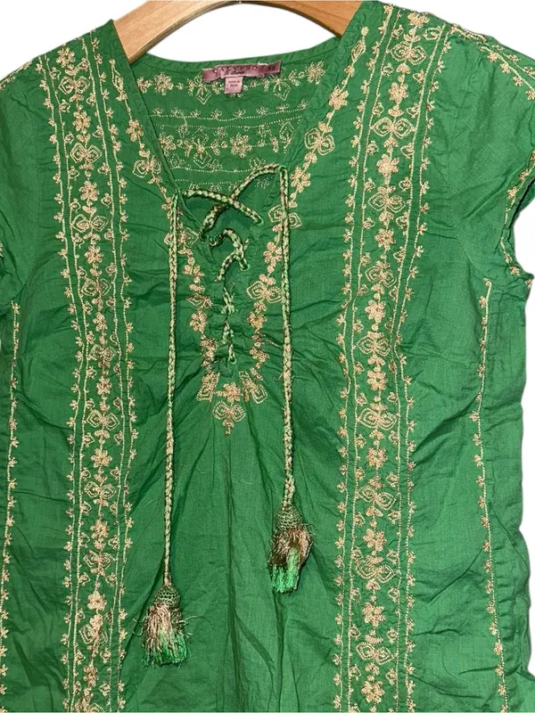 Calypso St. Barth XS Green Gold Embroidered Cotton Lace Up Tassel Tunic Dress - Image 4